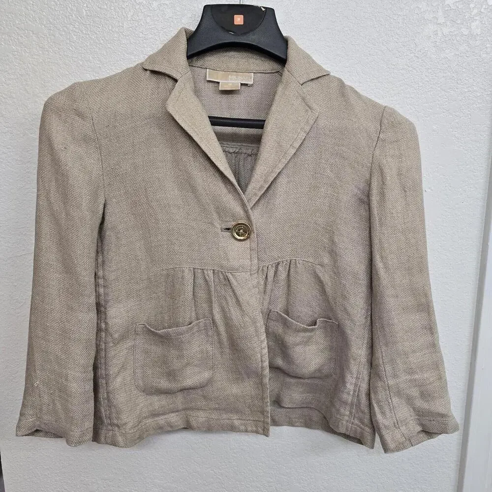 Michael Kors Tan Gold Button Blazer Cropped Length Jacket 100% Linen Sz S Office
